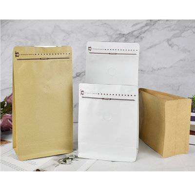 Coffee bean packaging kraft flat bottom paper bags with valve and zip