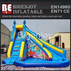 Blue inflatable water slide,water slide witn pool,inflatable water slide