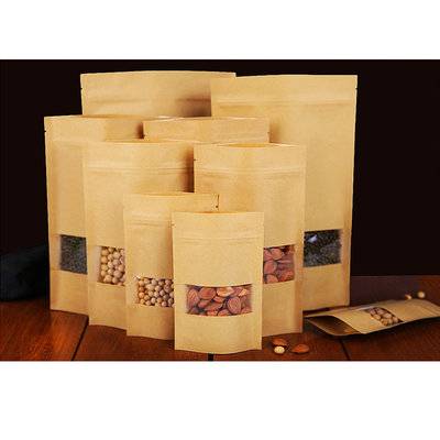 Doypack Stand up brown paper bag with window and zipper